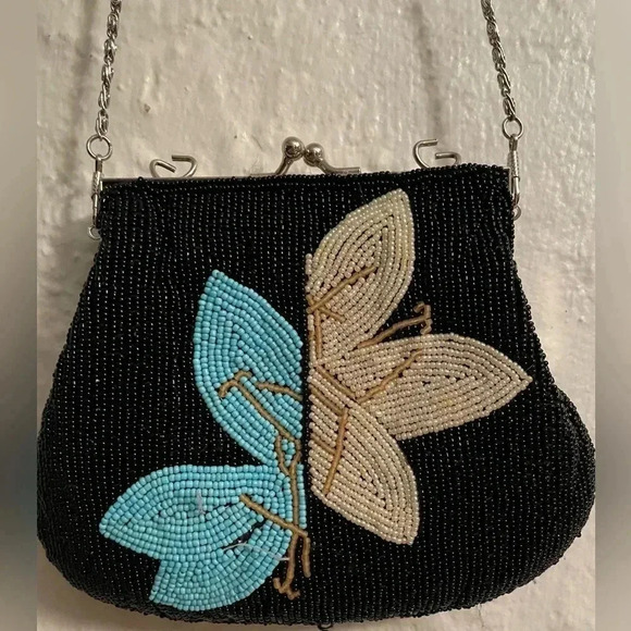 Black beaded evening clutch / shoulder bag with teal and cream leaf detail, 90s - Picture 3 of 4